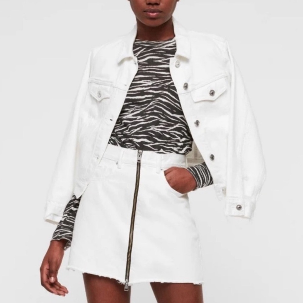 All Saints Lomo Skirt 6 White Denim Micro Mini Zipper Front Raw Edge Rave 90s